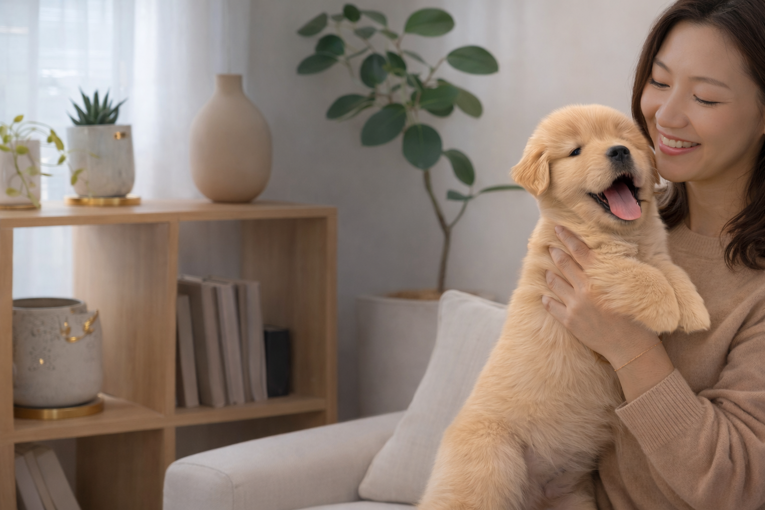 飼い主に抱かれて笑顔を見せる子犬