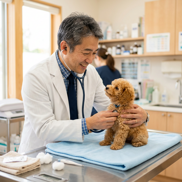 獣医師が子犬を診ている写真